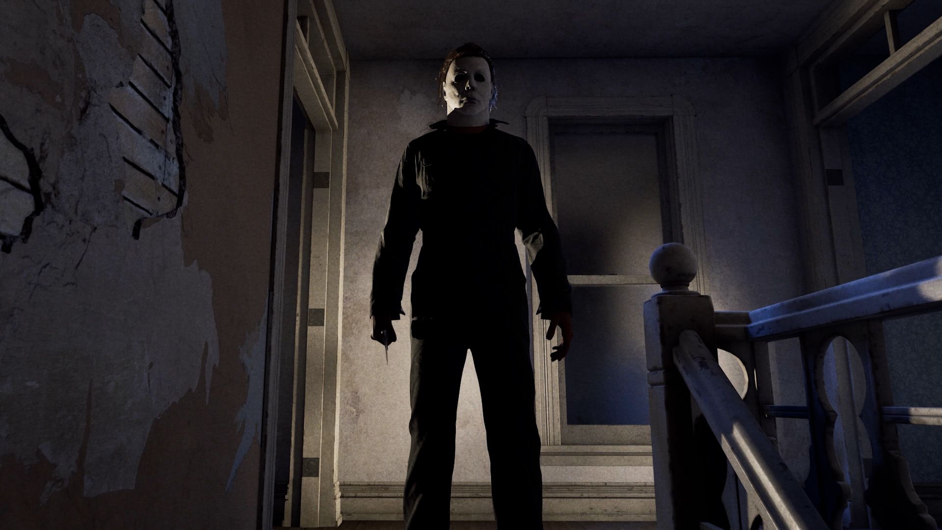 Michael Myers on a dark staircase in Halloween: The Game